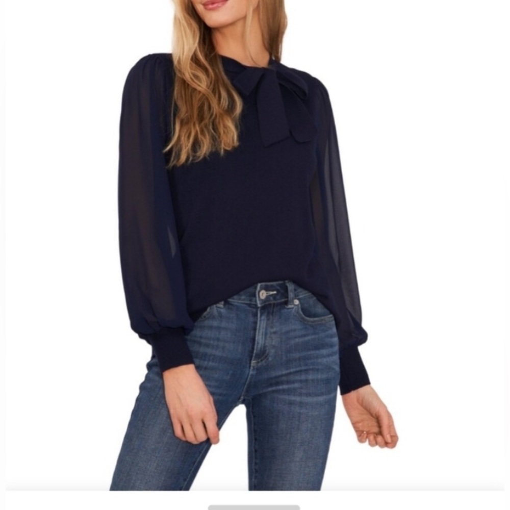Cece Mix Media Balloon Sleeve Bow Sweater